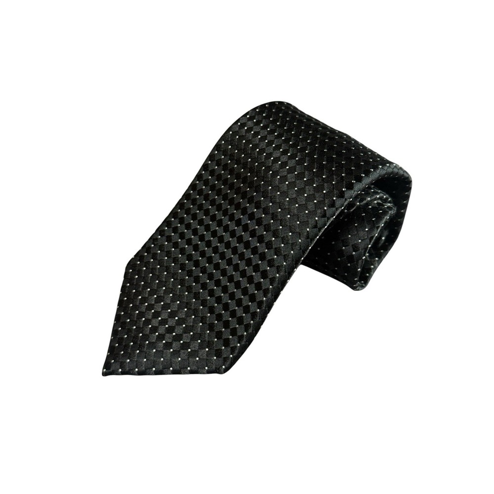 KENNETH ROBERTS Platinum Silk Necktie Black Checkered Dot Classic 58in 3.5in